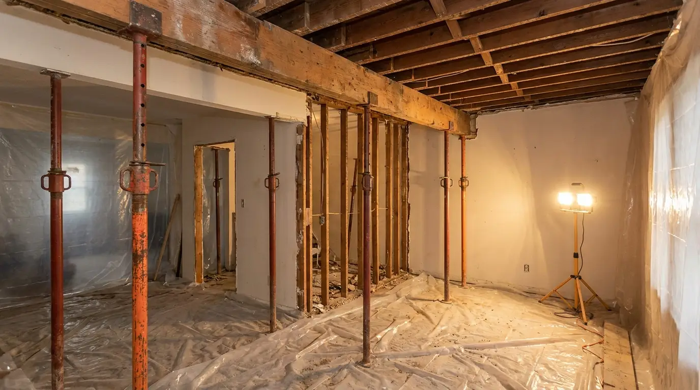 Temporary shoring posts supporting the ceiling during a load-bearing wall removal in a Miami kitchen remodel