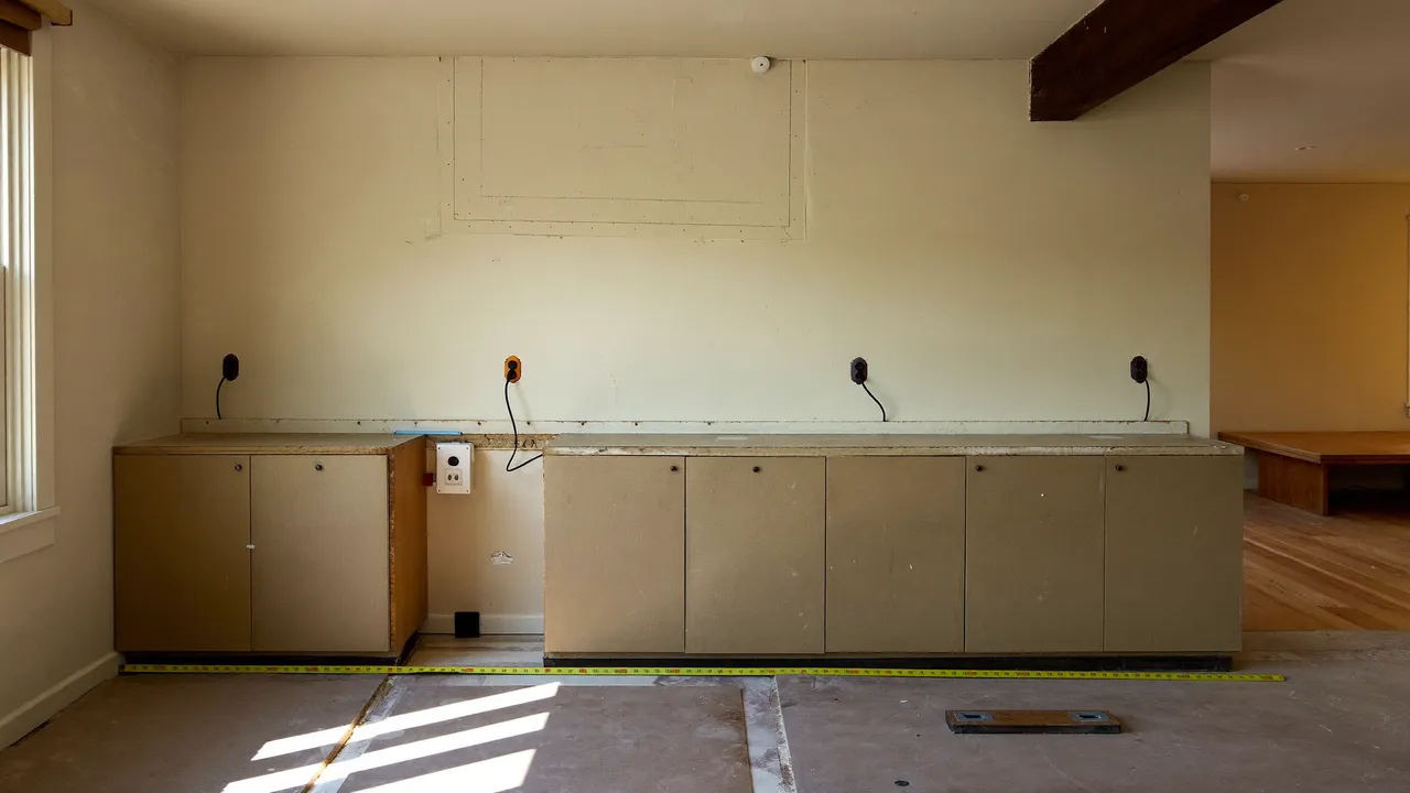 A one-wall kitchen mid-renovation with base cabinets set, a tape measure marking the walkway width to the opposite wall, and countertop outlets roughed into the backsplash line