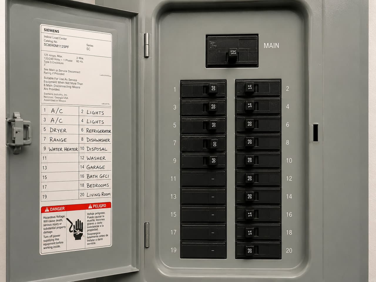 Residential electrical panel with circuit breakers — NEC Article 220 load calculation reference for smart home setup Miami