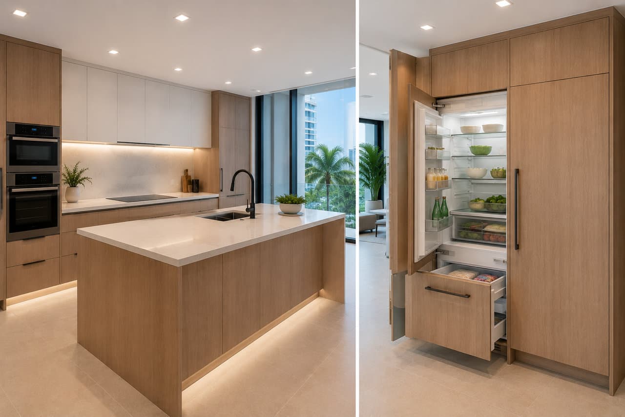 Miami kitchen with smart appliance package — induction range and integrated refrigeration in Tier 02 spec