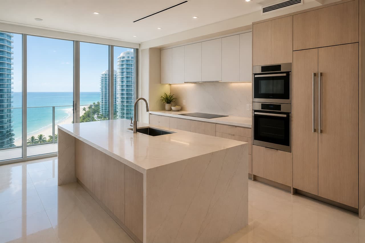 Coastal high-rise Miami kitchen — salt air and 60–85% indoor humidity year-round