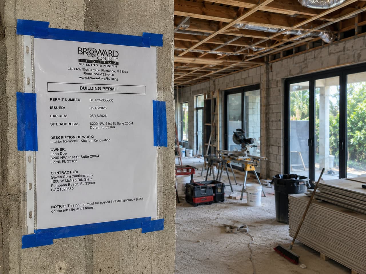 Posted Broward County building permit at active Gaven Constructions kitchen jobsite