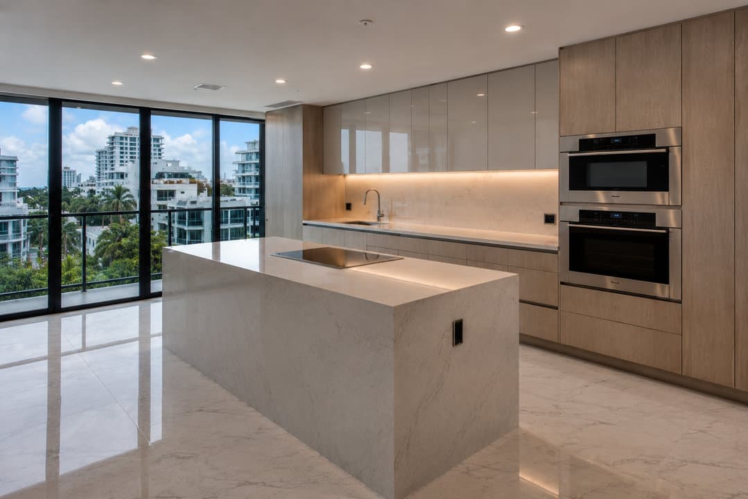 Completed kitchen remodel in a Hollywood beachfront high-rise condo, Broward County