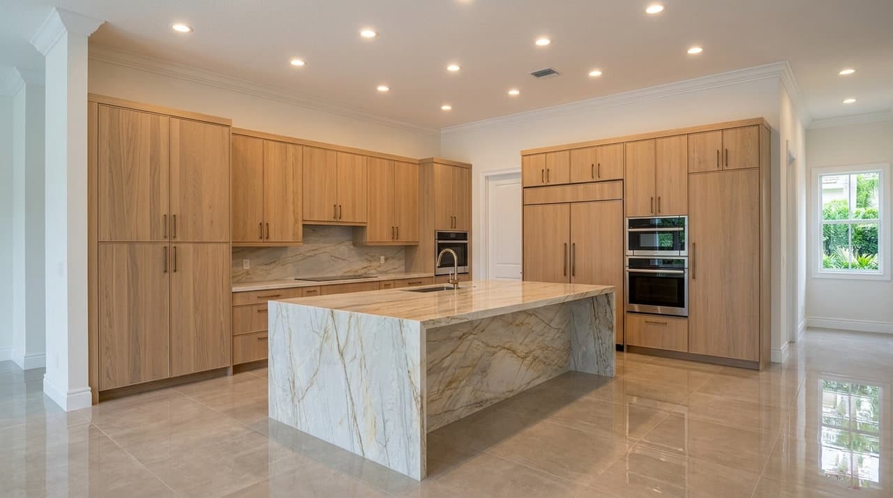Completed kitchen remodel in a Boca Raton country-club home with custom cabinetry and natural stone