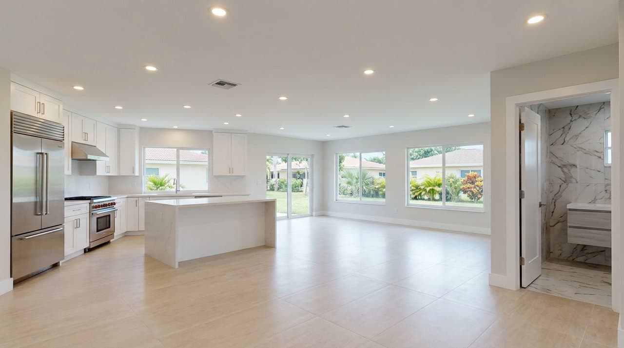 Completed whole-home renovation in a Coral Springs single-family CBS ranch — kitchen, bathrooms, and flooring