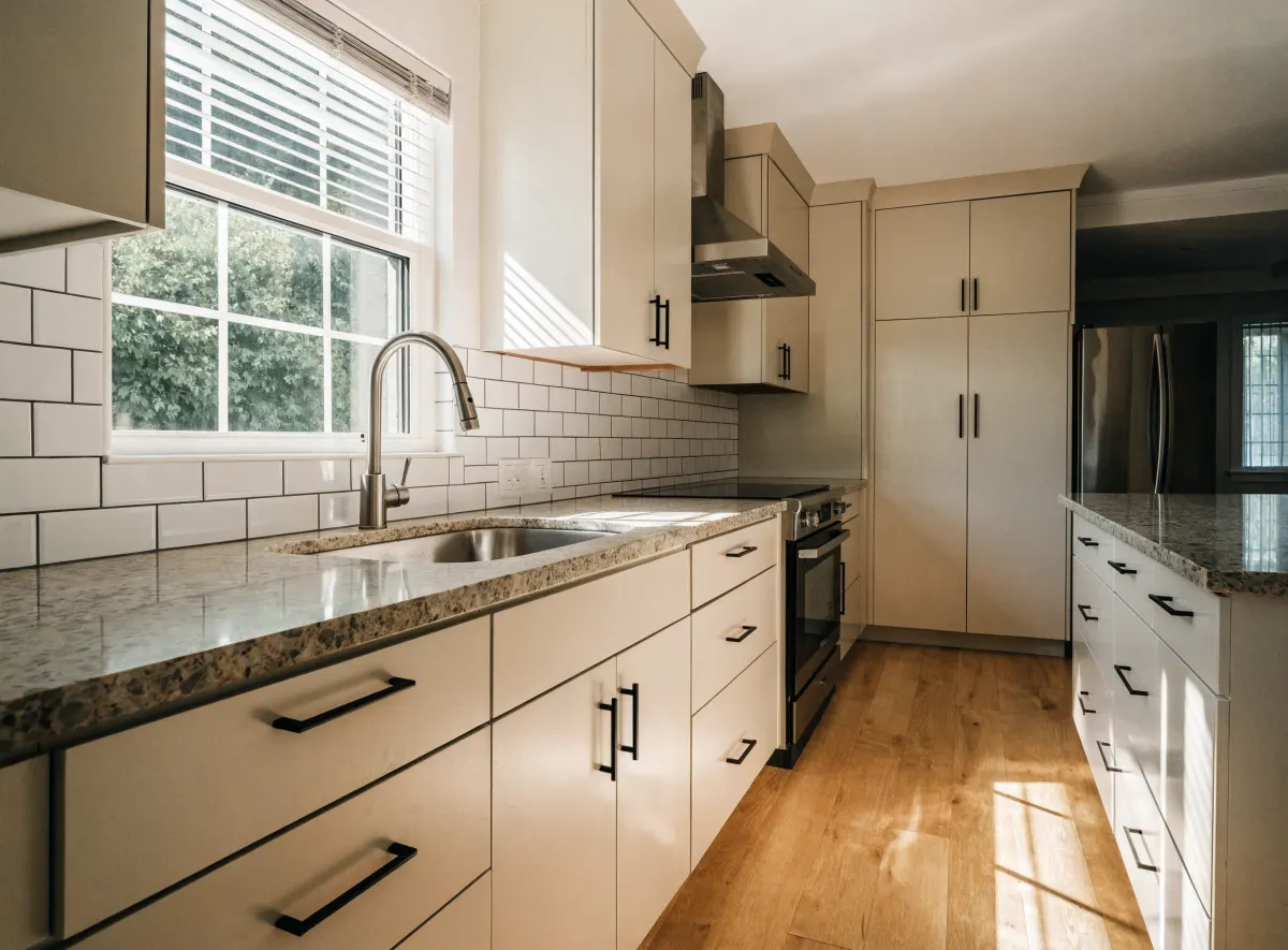 Finished kitchen with newly refaced cabinets paired with a new countertop and backsplash