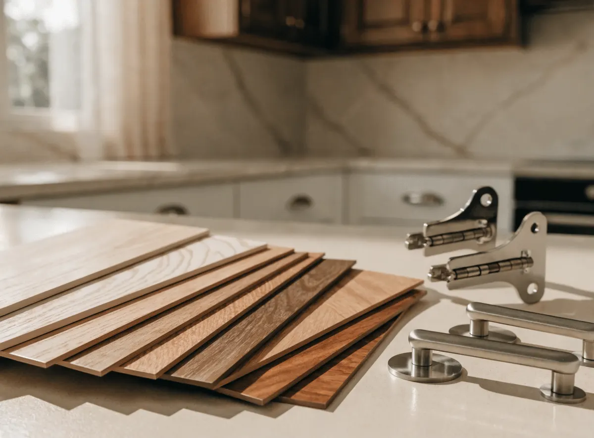 Veneer and laminate finish samples fanned out next to new cabinet hardware during a refacing evaluation