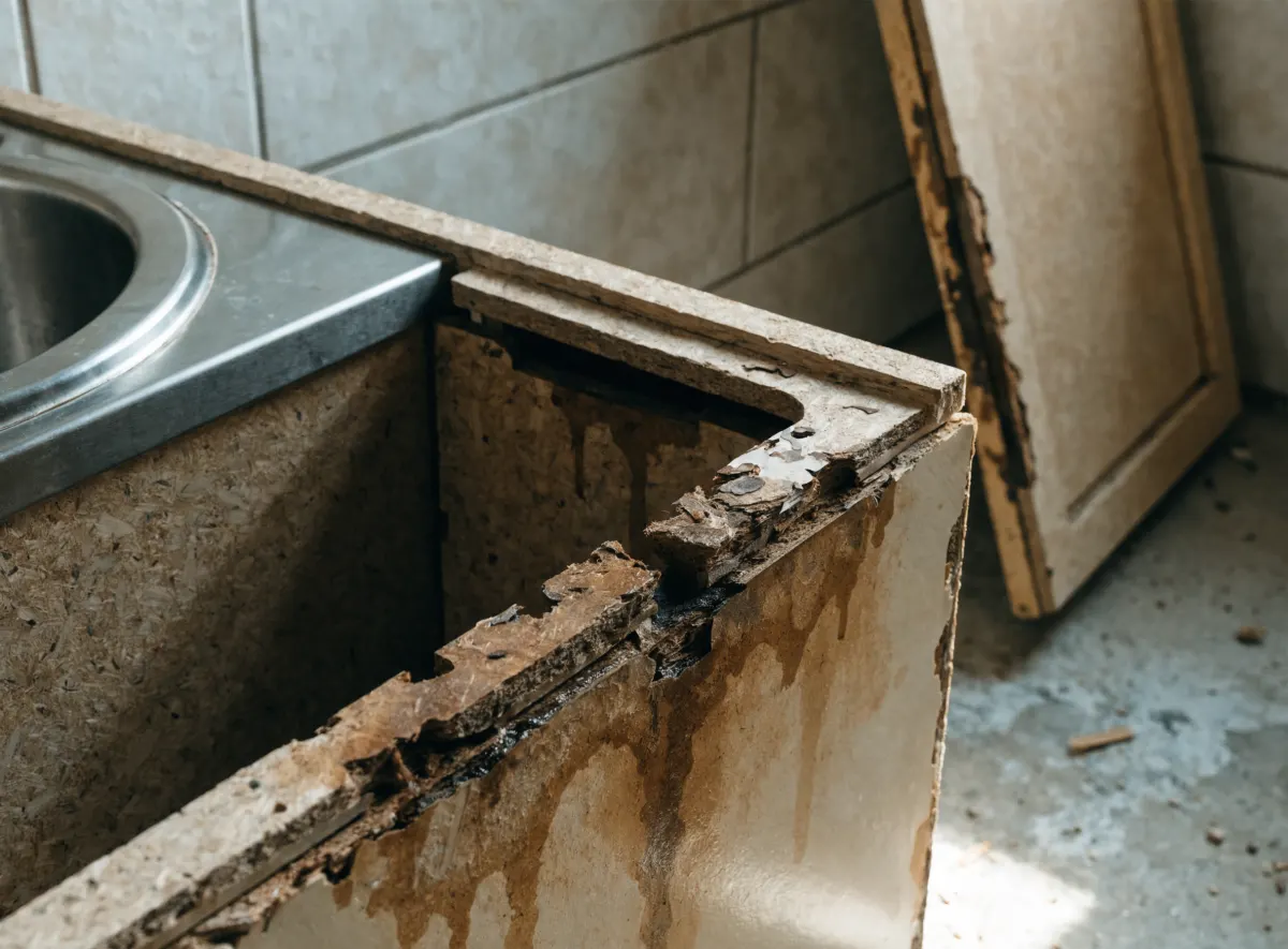 Damaged cabinet base with water staining and swollen particleboard near a sink cutout, ruling out refacing
