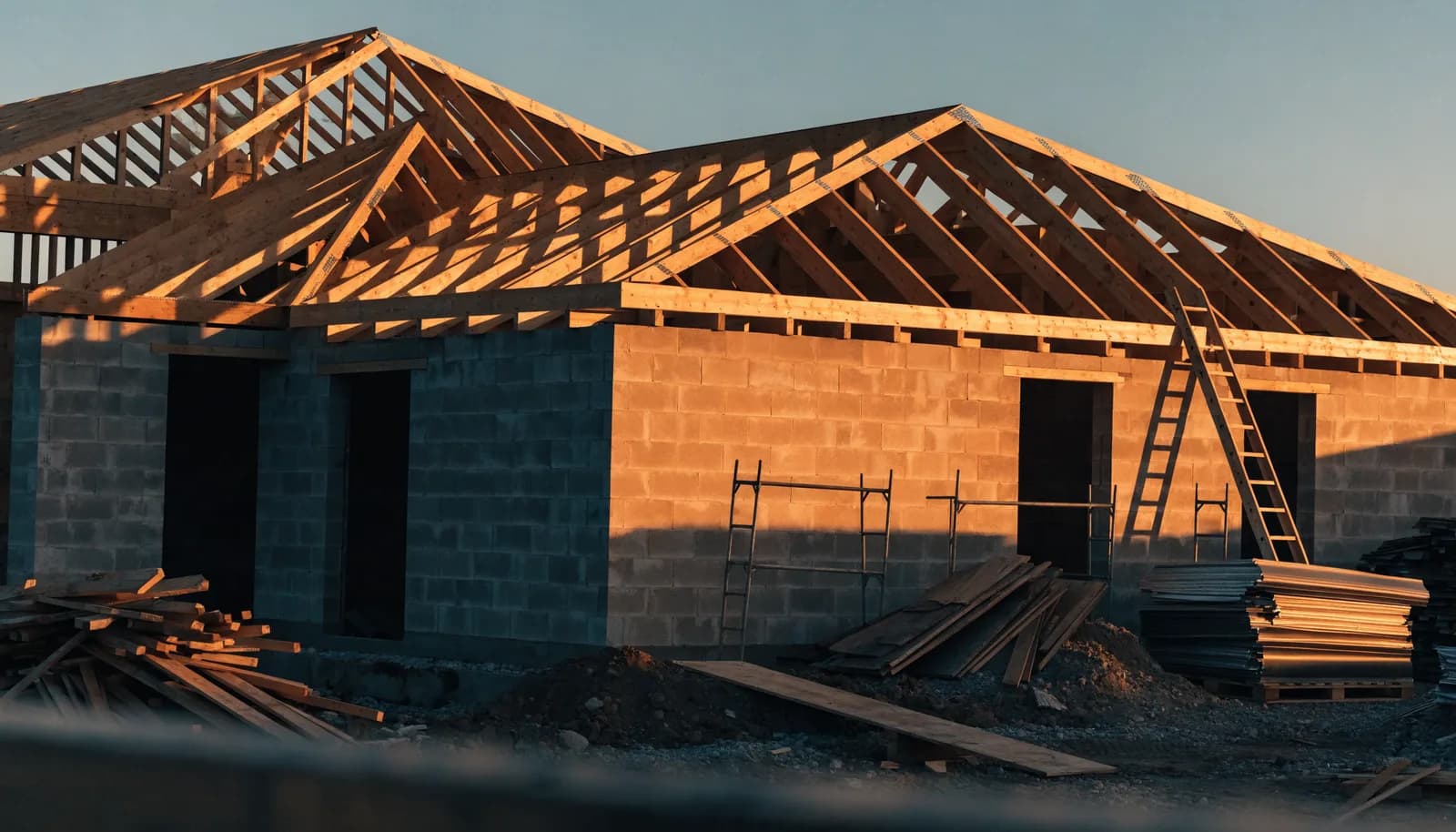 Concrete masonry walls with wood roof trusses set above them on a house under construction at dusk