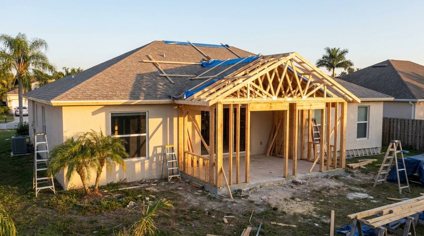 A rear addition framed onto an existing single-family house, with roof trusses set over a poured slab