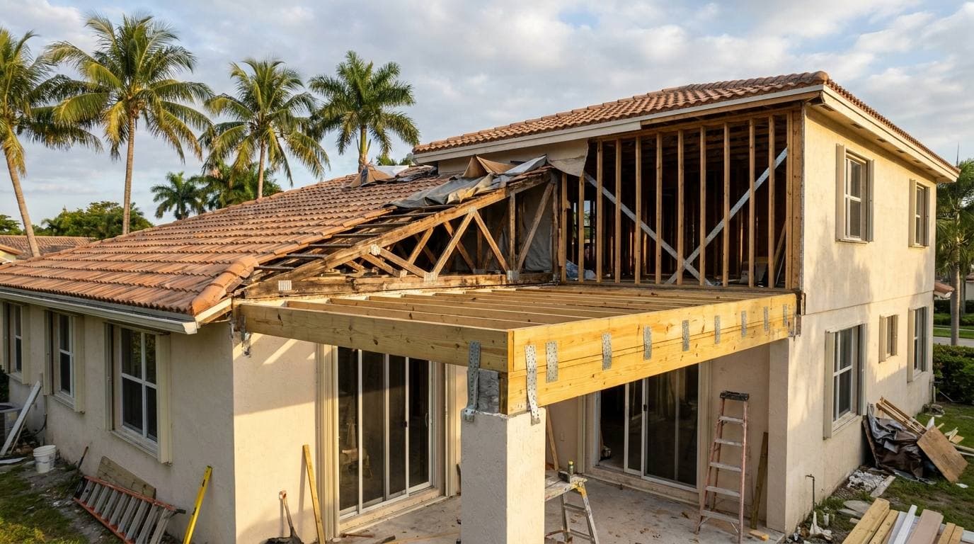 Wood joists hung from a beam bolted to the rear wall of a house, each joist set in a metal connector before the decking goes down