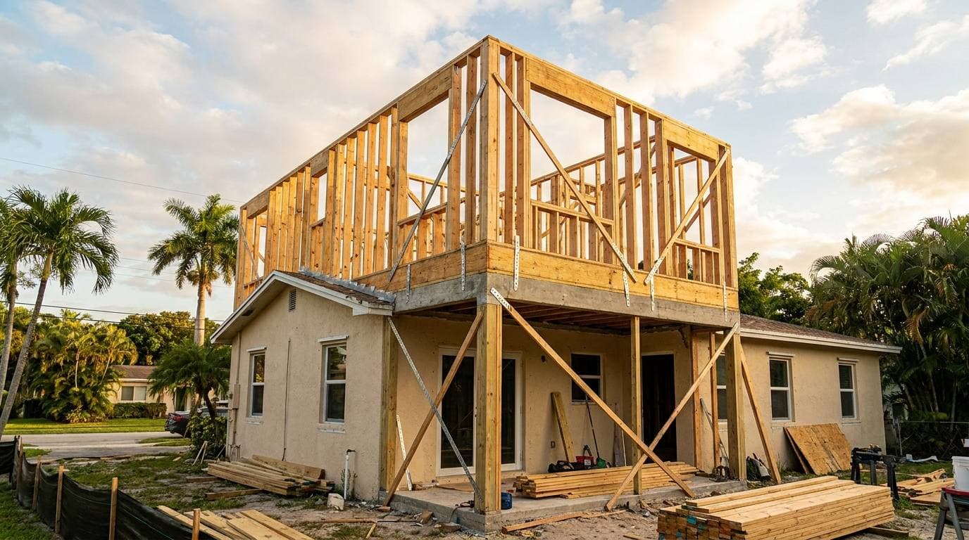 Second-story addition framing with first-floor strapping retrofit, Broward County home addition