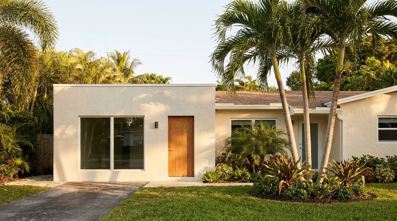 Garage conversion with the overhead-door opening infilled to a new exterior wall, Miami-Dade home addition