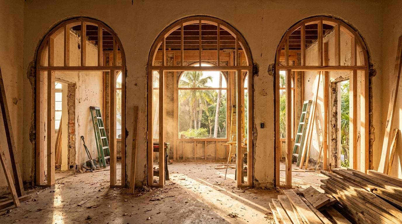 The interior of a gut renovation with three arched openings newly framed in bare lumber, open stud bays, ladders and stacked framing material on the floor