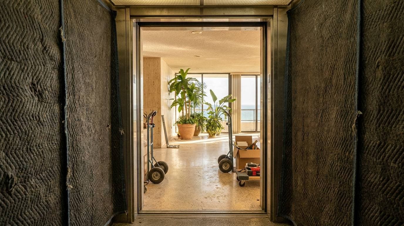 A service elevator lined floor to ceiling with quilted protection pads, hand trucks and a rolling tool cart staged just inside a high-rise unit under renovation