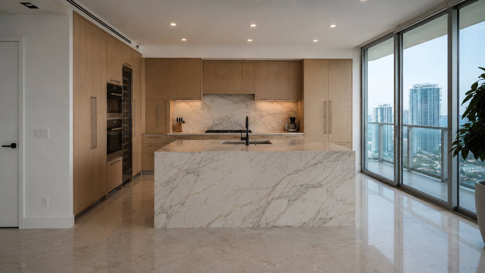 A completed high-rise interior with oak cabinetry, a marble waterfall island and floor-to-ceiling glass along the outer wall