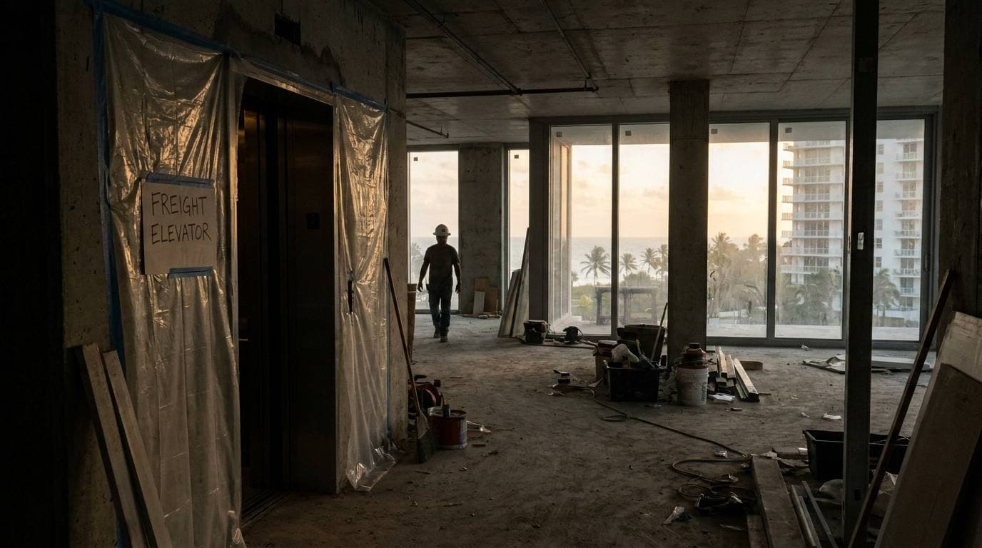 Coastal high-rise condo gut renovation, freight elevator dust protection visible, Aventura tower interior corridor