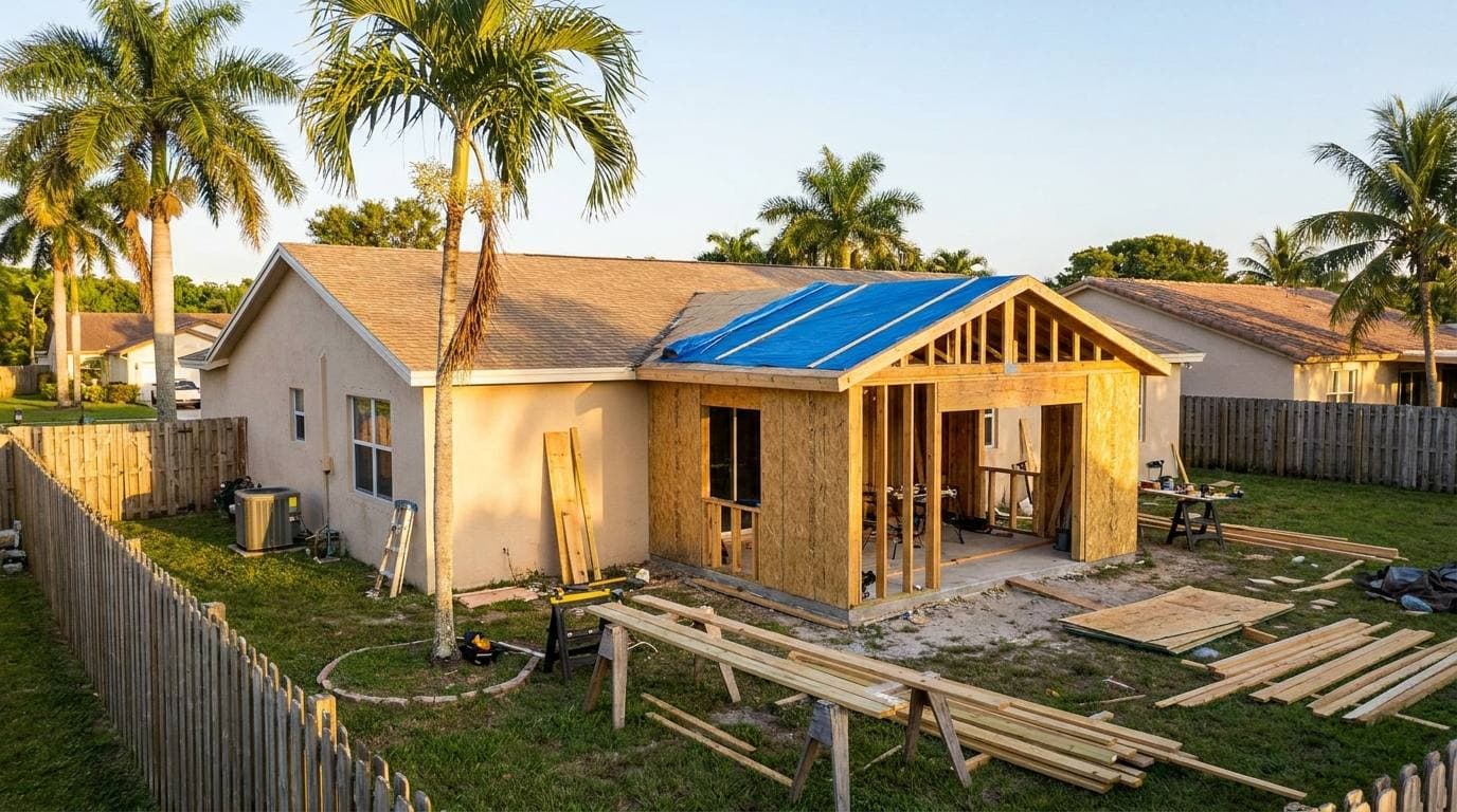 Suburban single-family home addition framed and dried-in, rear elevation, Pembroke Pines