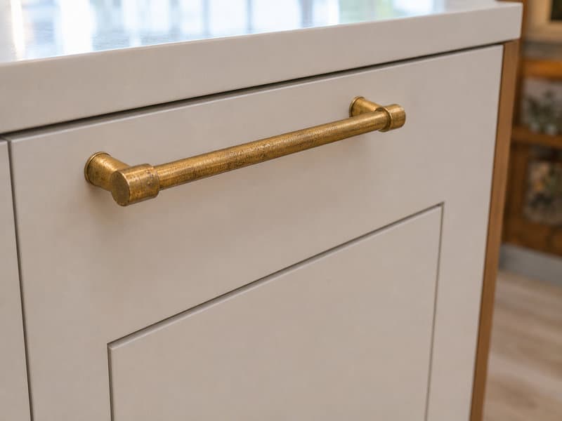 Close-up detail of subtle salt-air corrosion patina on solid brass cabinet hardware inside coastal Miami-Dade luxury kitchen, realistic material aging, Miami-Dade County