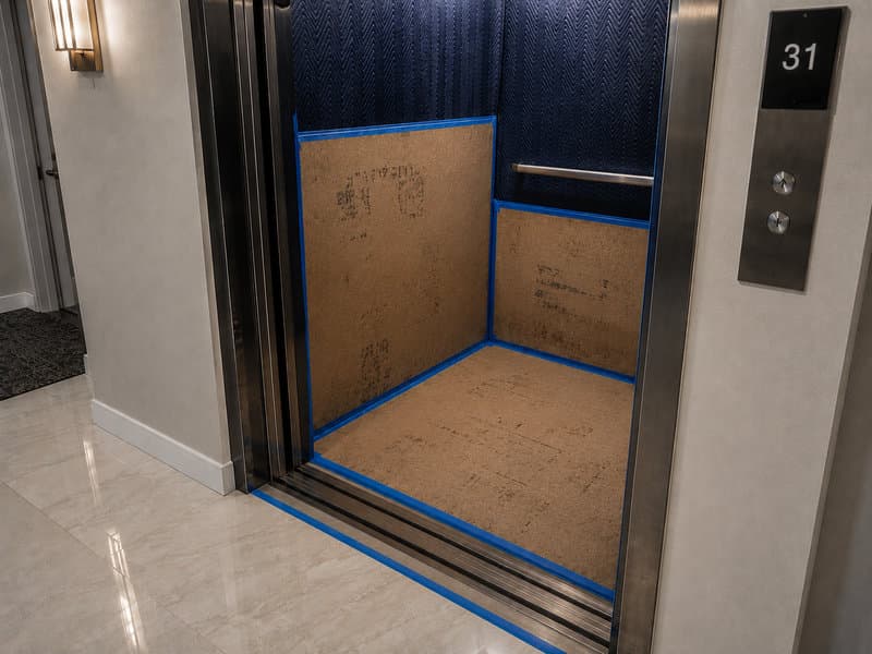 Stainless freight elevator on the 31st floor of a coastal high-rise with full floor and wall kraft-paper protection taped in place ahead of demo, condo-rules discipline, Miami-Dade County