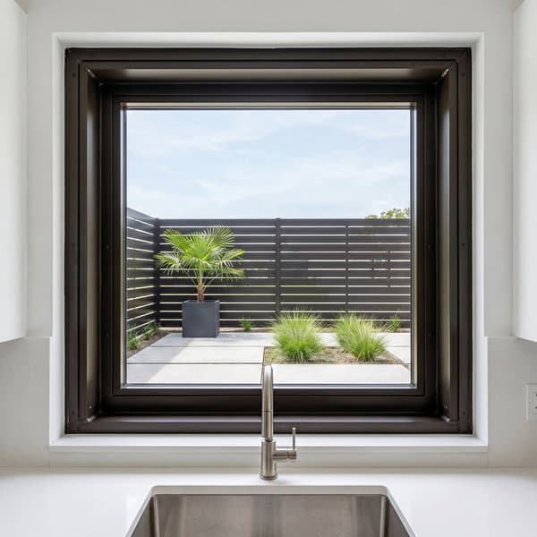 Impact-rated glass detail at exterior kitchen window installation, Hallandale Beach, Broward County