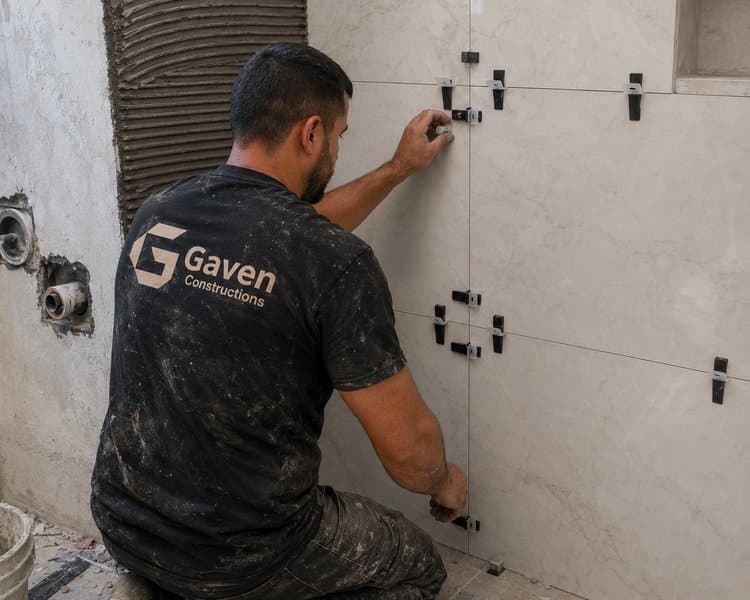 Tile installer driving a leveling wedge to control face tolerance on large-format wall tile, Pembroke Pines, Broward County