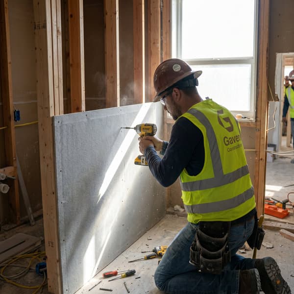 Gaven Constructions crew member installing cement board on bathroom wall with impact driver, active jobsite, Doral