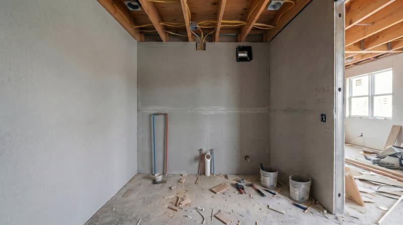 Bathroom rough-in with cement board substrate installed, ceiling can-light cutouts and electrical rough-in visible, active jobsite, Miami Beach