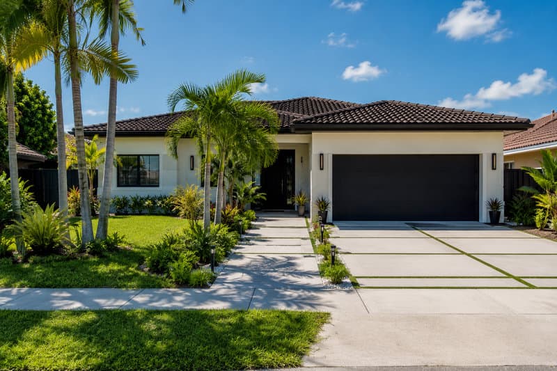 Whole-home remodel exterior, Coral Gables Mediterranean Revival single-family with new landscape and pool deck