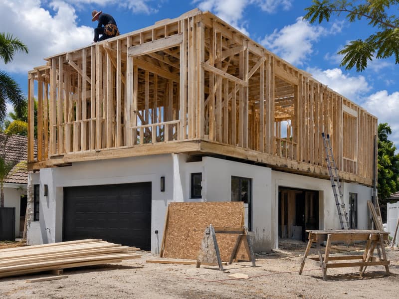 Second-story addition framing on existing single-family home, Pinecrest neighborhood