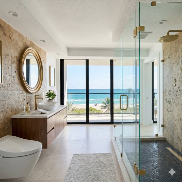 Bathroom remodel with frameless glass walk-in shower, brass shower fixtures, smart toilet, and stone wall tile, Surfside
