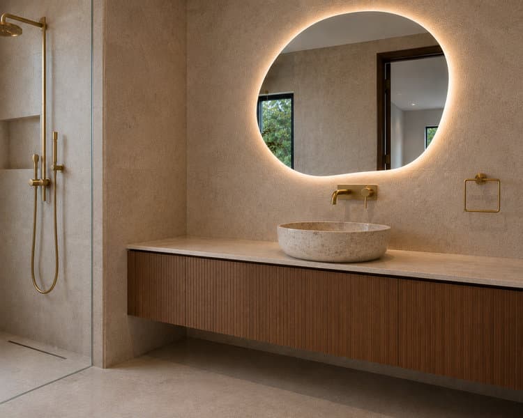 Stone vessel sink on floating wood vanity with brass waterfall faucet and organic asymmetric backlit mirror, Miami-Dade County primary bathroom