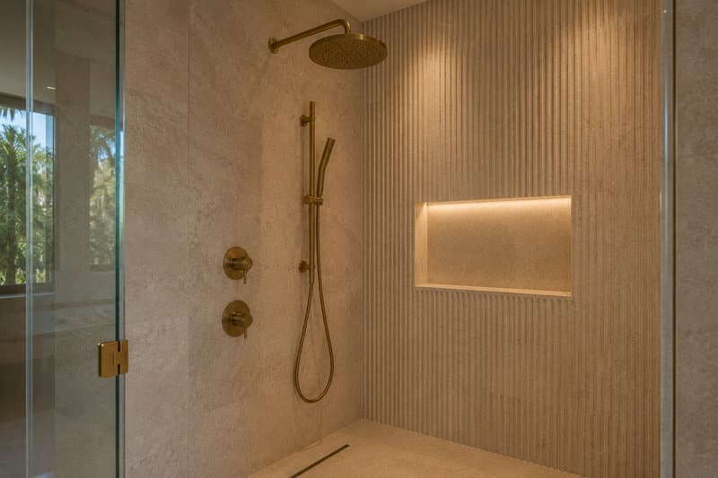 Brass rainfall showerhead and handheld shower wand on travertine-veined stone wall tile, walk-in shower, Miami-Dade County