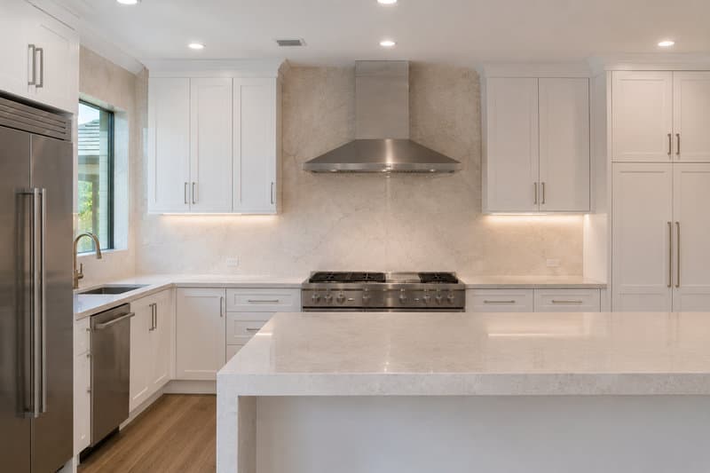 Kitchen remodel with white shaker cabinetry, calacatta-veined full-height stone backsplash, stainless steel range and chimney hood, Miami-Dade County
