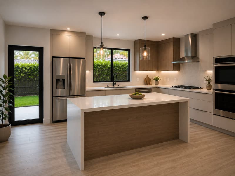 Single-family kitchen remodel with cream flat-panel cabinetry, wood-accent waterfall island, stainless appliance suite, modern warm residential atmosphere, Miami-Dade County