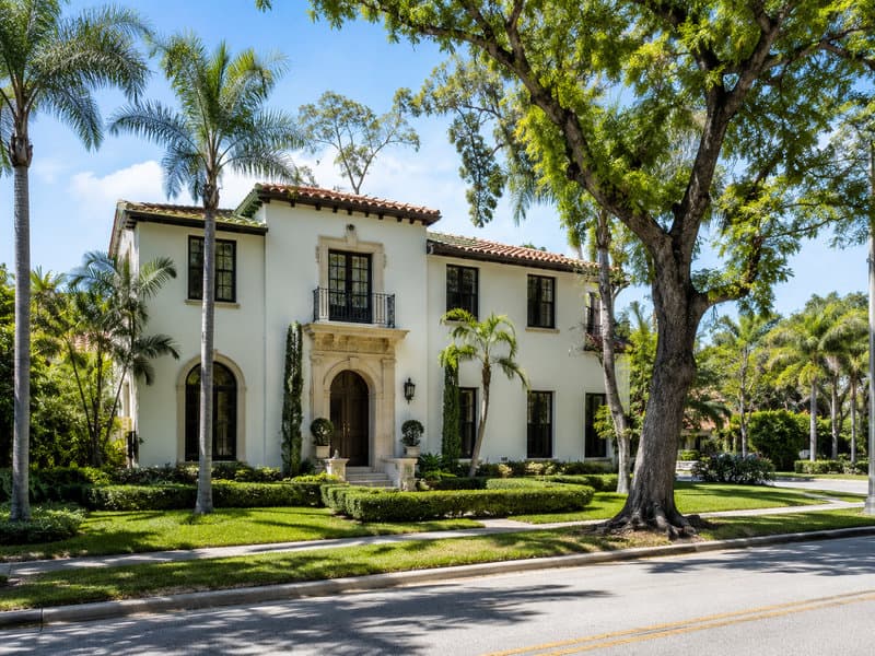 Coral Gables Mediterranean Revival single-family home, established neighborhood streetscape
