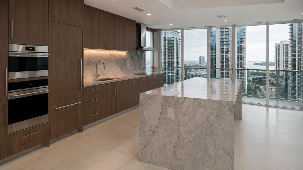 Condo kitchen remodel with white shaker cabinetry, calacatta-veined stone island with waterfall edge and full-height backsplash, stainless steel appliance suite, Miami-Dade County