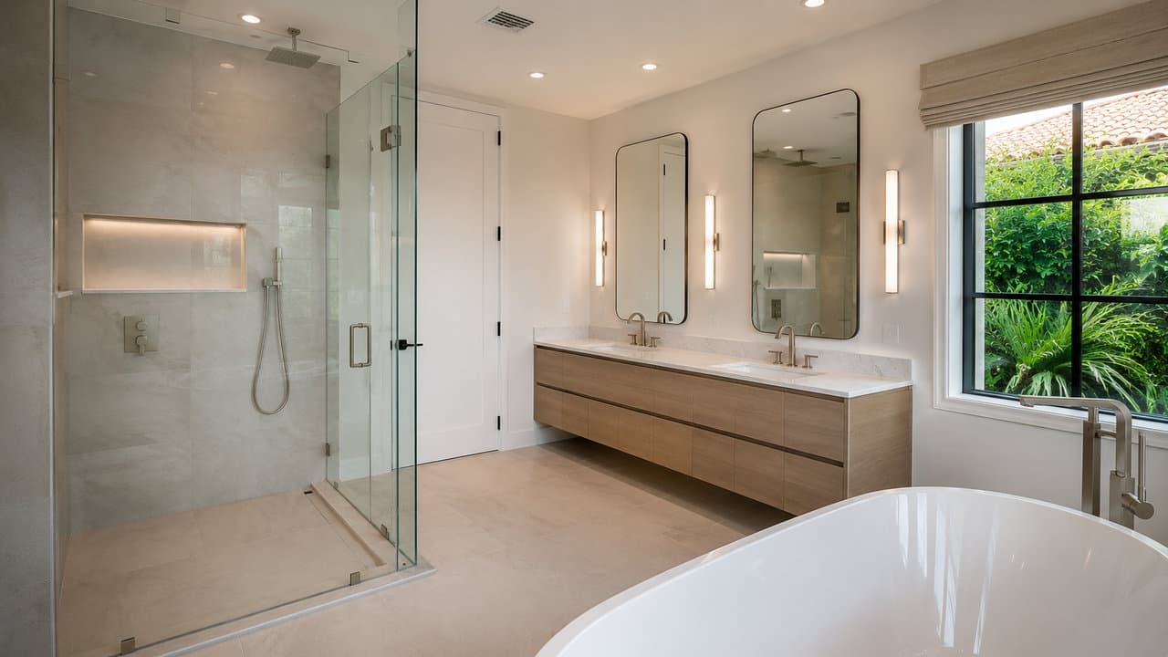 Primary bathroom remodel with wood-slat tiled shower enclosure, brass shower fixtures, floating wood vanity with stone vessel sink and brass waterfall faucet, organic backlit mirror, Miami-Dade County