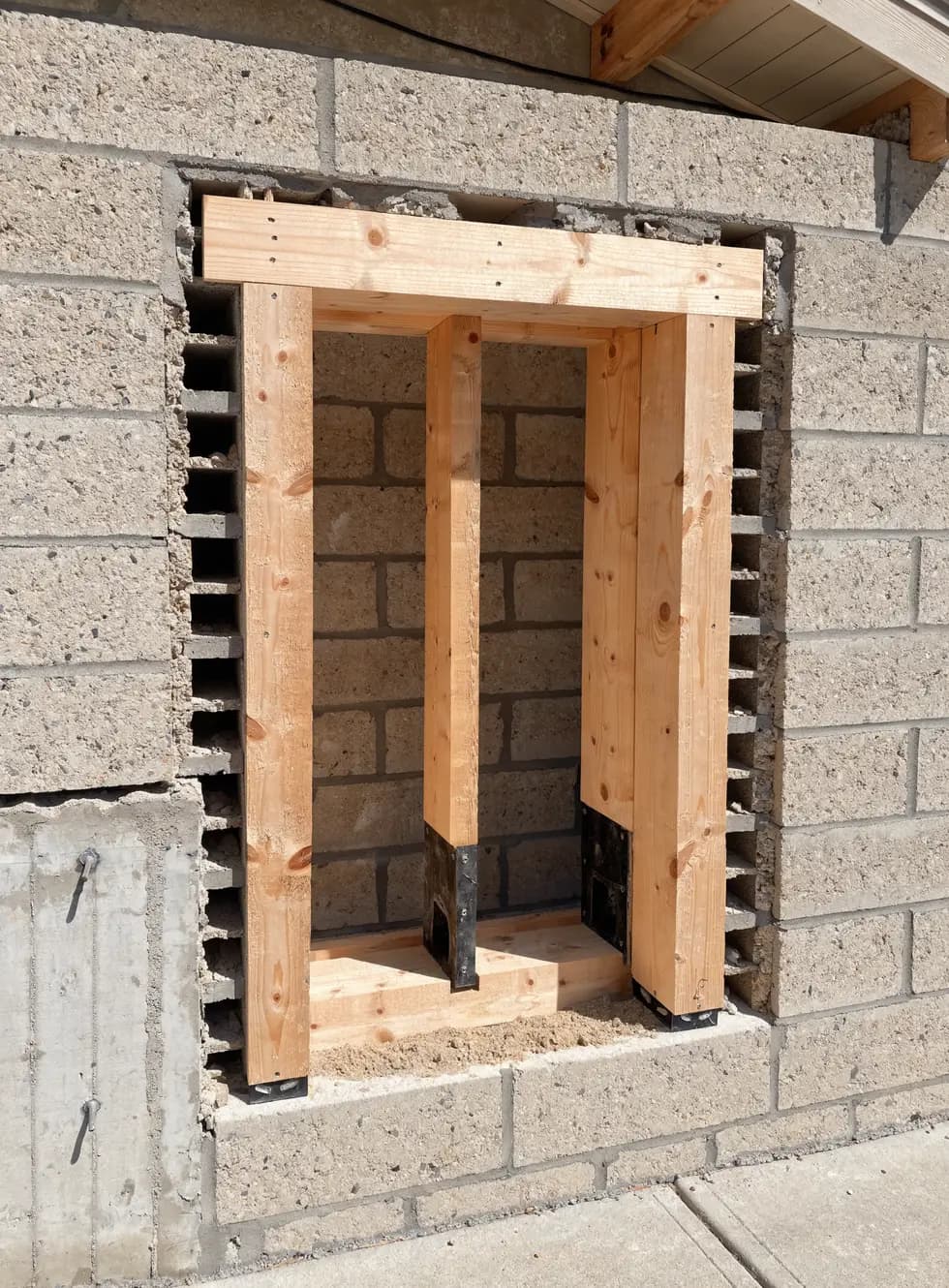 A window rough opening prepared with a structural buck before an impact window is set