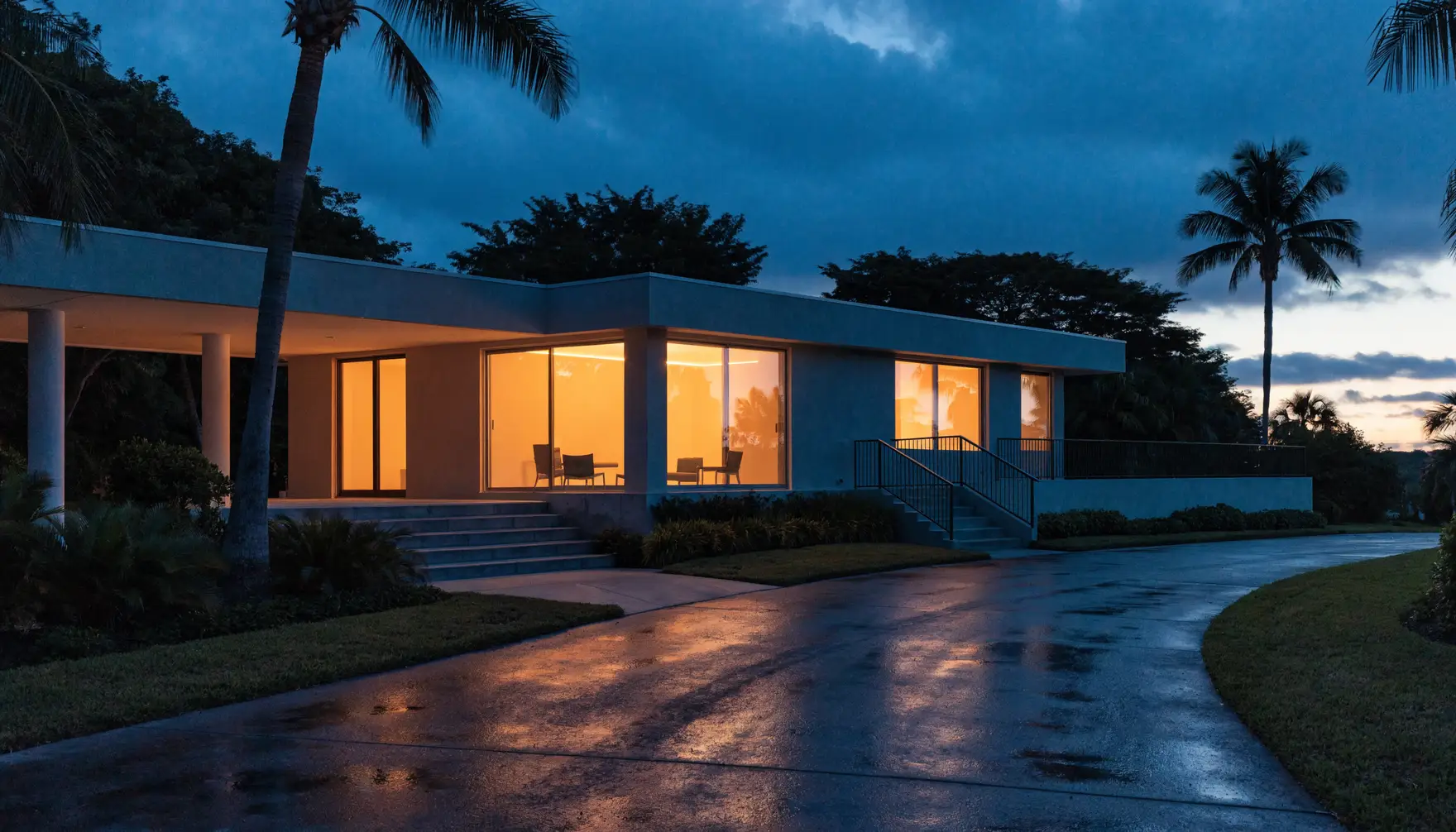 Impact-rated coastal South Florida home exterior at dusk with warm interior light through the windows