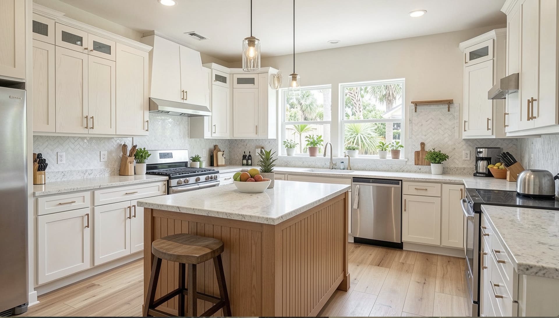 Marble mosaic pattern backsplash behind a gas range in a completed kitchen with light wood island, Palm Beach County, FL