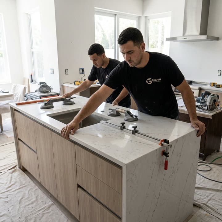 Gaven Constructions crew positioning and clamping a marble countertop slab onto an island during a kitchen remodel, Miami-Dade County, FL