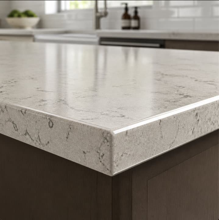 Engineered quartz countertop with uniform gray pattern and eased edge, full kitchen remodel in Miami-Dade County, FL