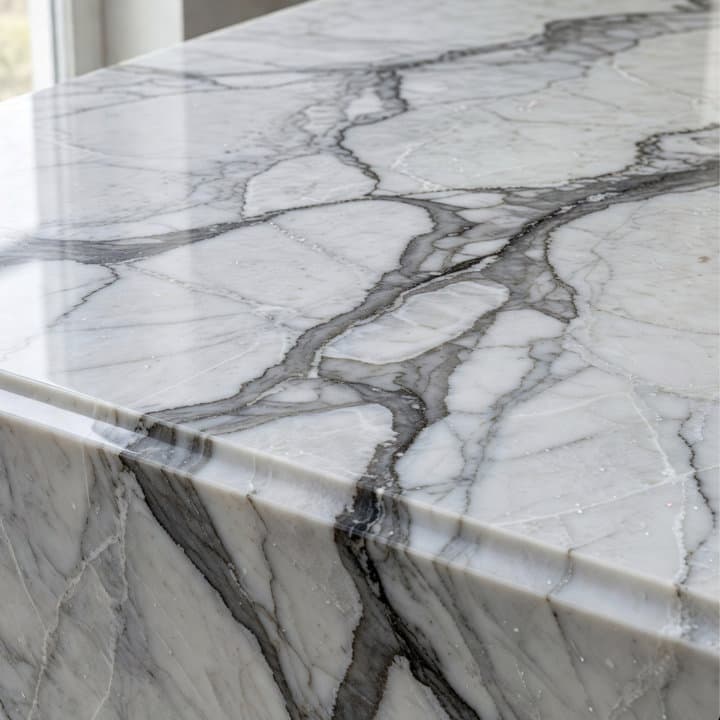 Calacatta marble countertop waterfall edge with unique natural veining, full kitchen remodel in Miami-Dade County, FL