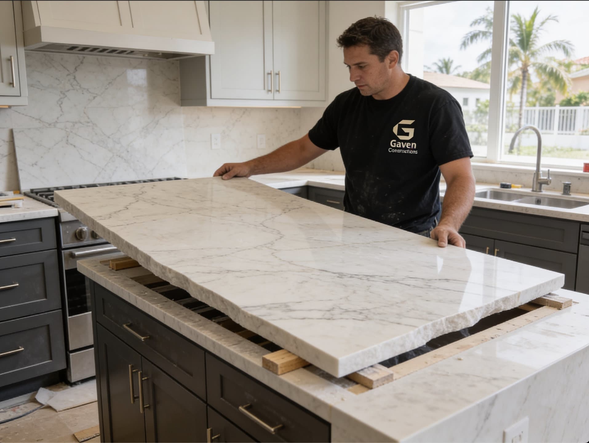 Gaven Constructions crew setting a Calacatta marble slab onto leveled cabinets after templating, kitchen remodel in Miami-Dade County, FL