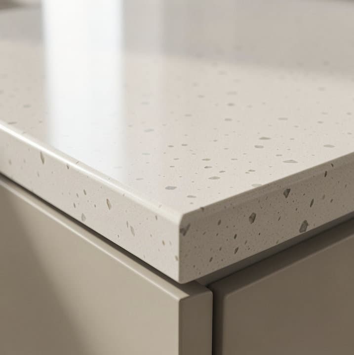Eased-edge profile on a 3cm white quartz countertop slab, finished kitchen in Miami-Dade County, FL