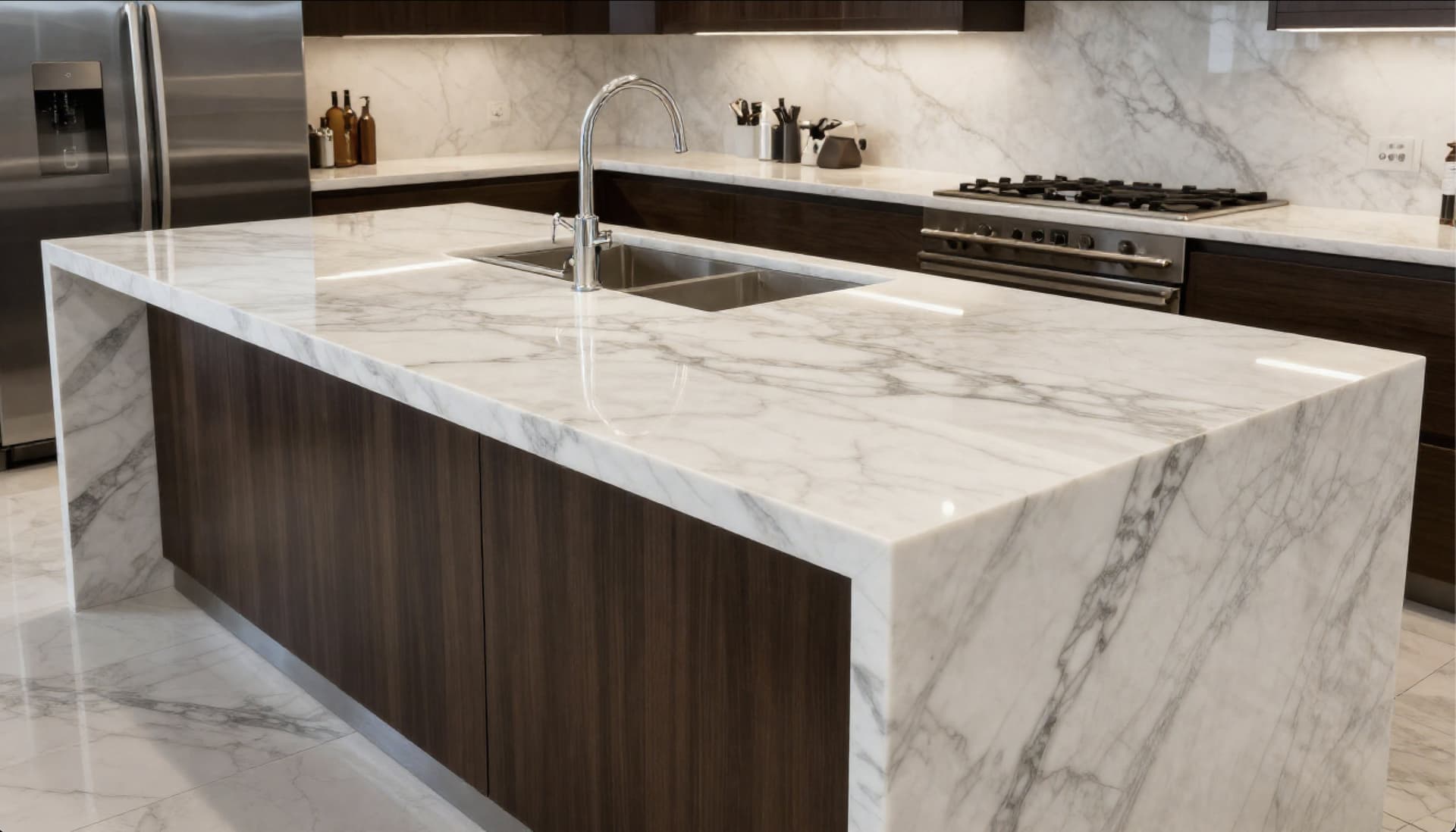 Undermount stainless sink cutout in a Calacatta marble waterfall island countertop, kitchen remodel in Miami-Dade County, FL