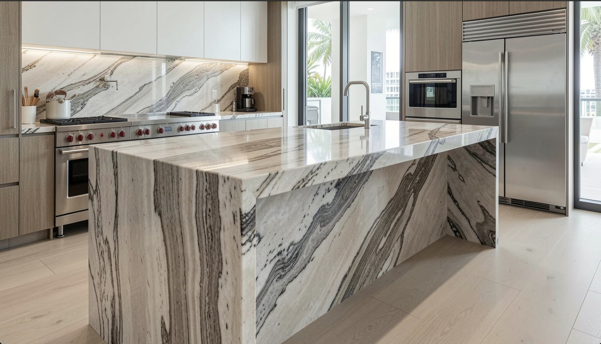 Finished kitchen with dramatic quartzite waterfall island countertop after install day, full remodel in Miami-Dade County, FL