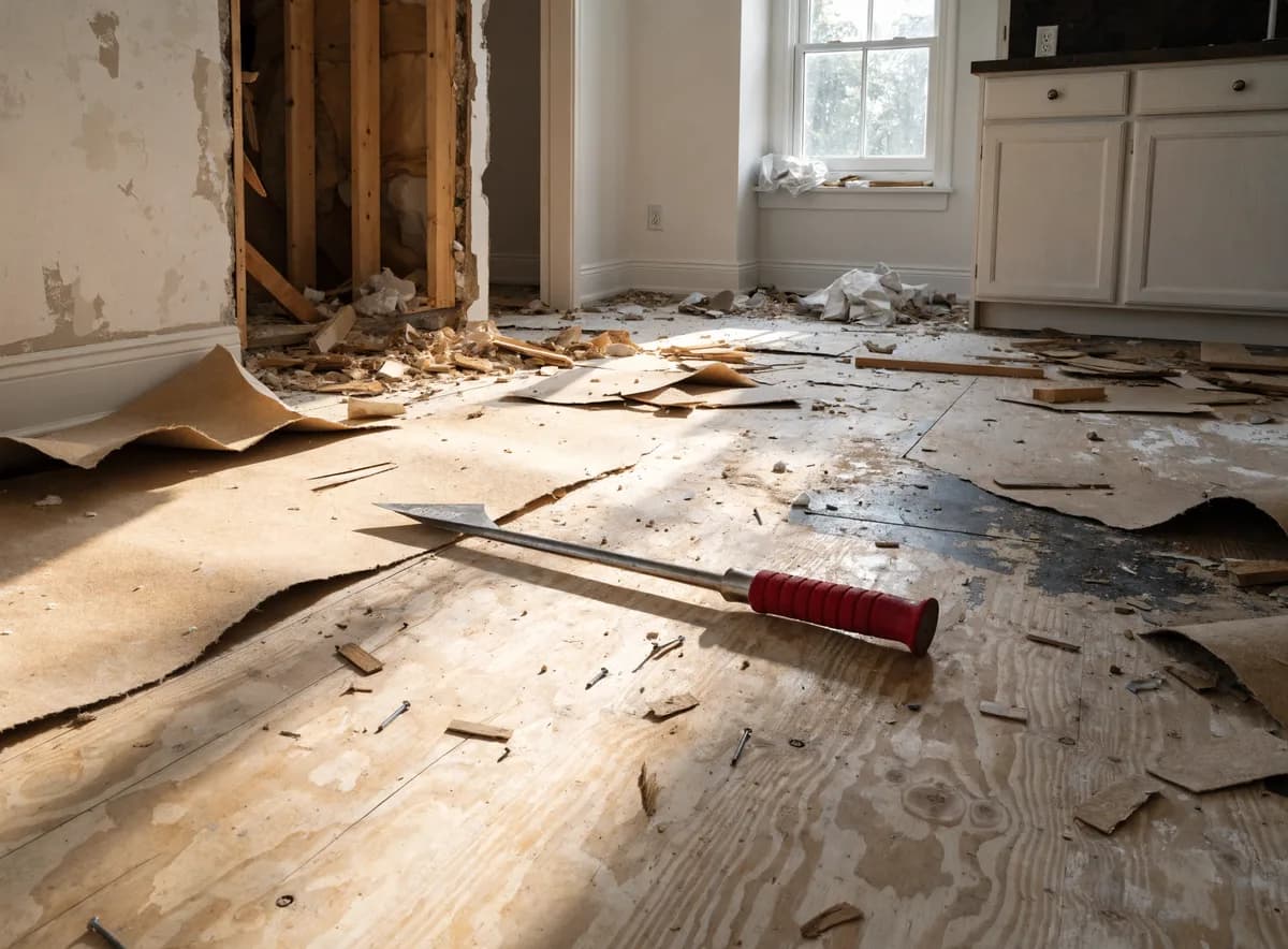 Old kitchen flooring removed during remodel demolition