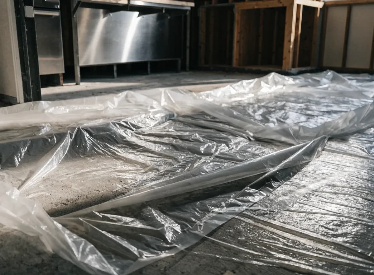 Vapor retarder membrane over concrete slab before flooring